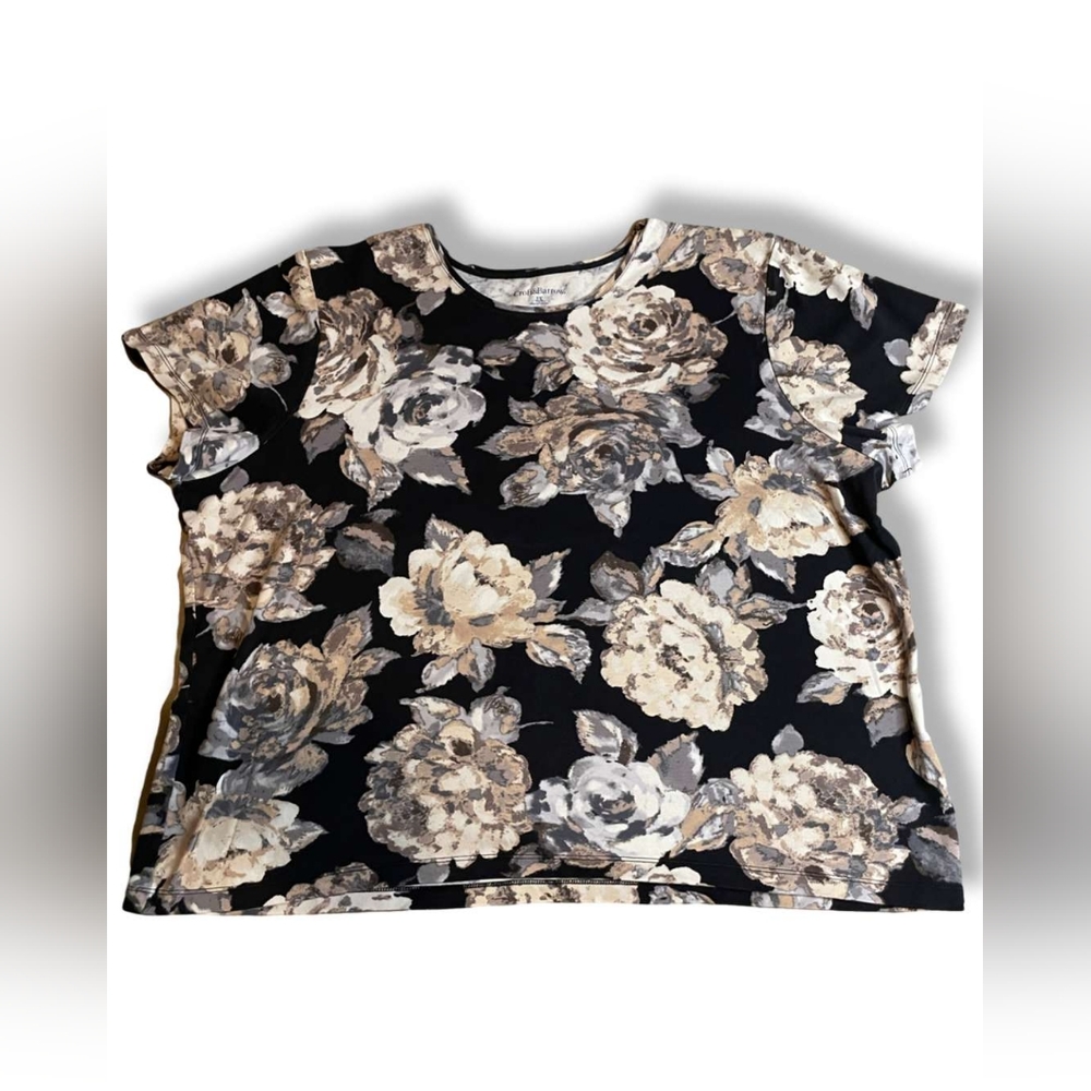 Croft&Barrow Black/Tan Floral Short-Sleeve Crew-Neck Soft Top, Size 2X